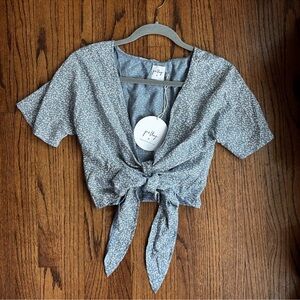 Princess Polly Slate Blue Patterned Tie-Front Blouse